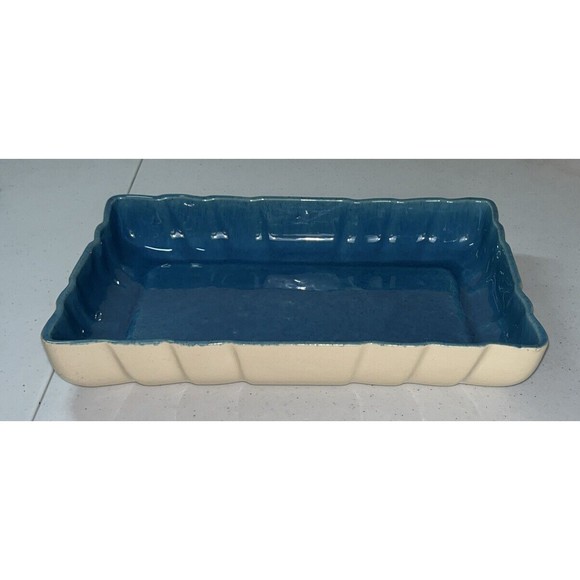 Los Angeles Potteries Rectangle Ceramic Serving Dish Turquoise/Cream #300 - Picture 3 of 12